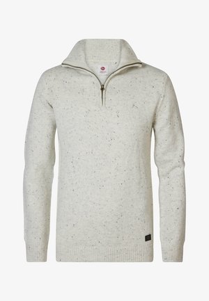 Hellgrauer, melierter Strickpullover mit einem Viertel-Reißverschluss-Kragen, langen Ärmeln und gerippten Bündchen und Saum.
