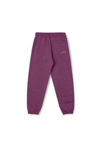 Pantalones de chándal morados con cintura elástica, tobillos ajustados y un pequeño y sutil logo dorado en la parte trasera. Tejido suave con textura lisa.