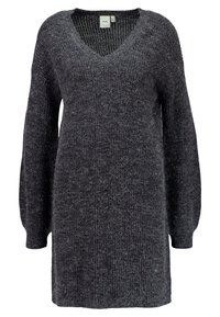 Överdimensionerad grå stickad tröja med V-ringning, långa ballongärmar och en texturerad tyg. Mjuk, fluffig yta med en lös, avslappnad passform.