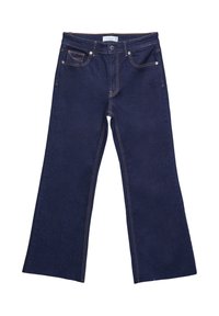 Weite dunkelblaue Jeans aus Denim, mit kontrastierenden orangen Nähten, fünf Taschen und einem einzigen Knopfverschluss an der Taille.