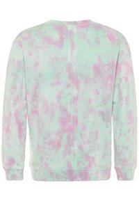 Felpa leggera a collo tondo di colore verde menta pastello con motivi tie-dye rosa. Caratterizzata da polsini e orlo a costine, realizzata in morbido cotone.
