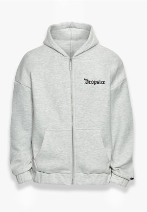 Light grey zip-up hoodie, made of soft fleece material, featuring a large front pocket and black "Dropsize" logo on the left chest.