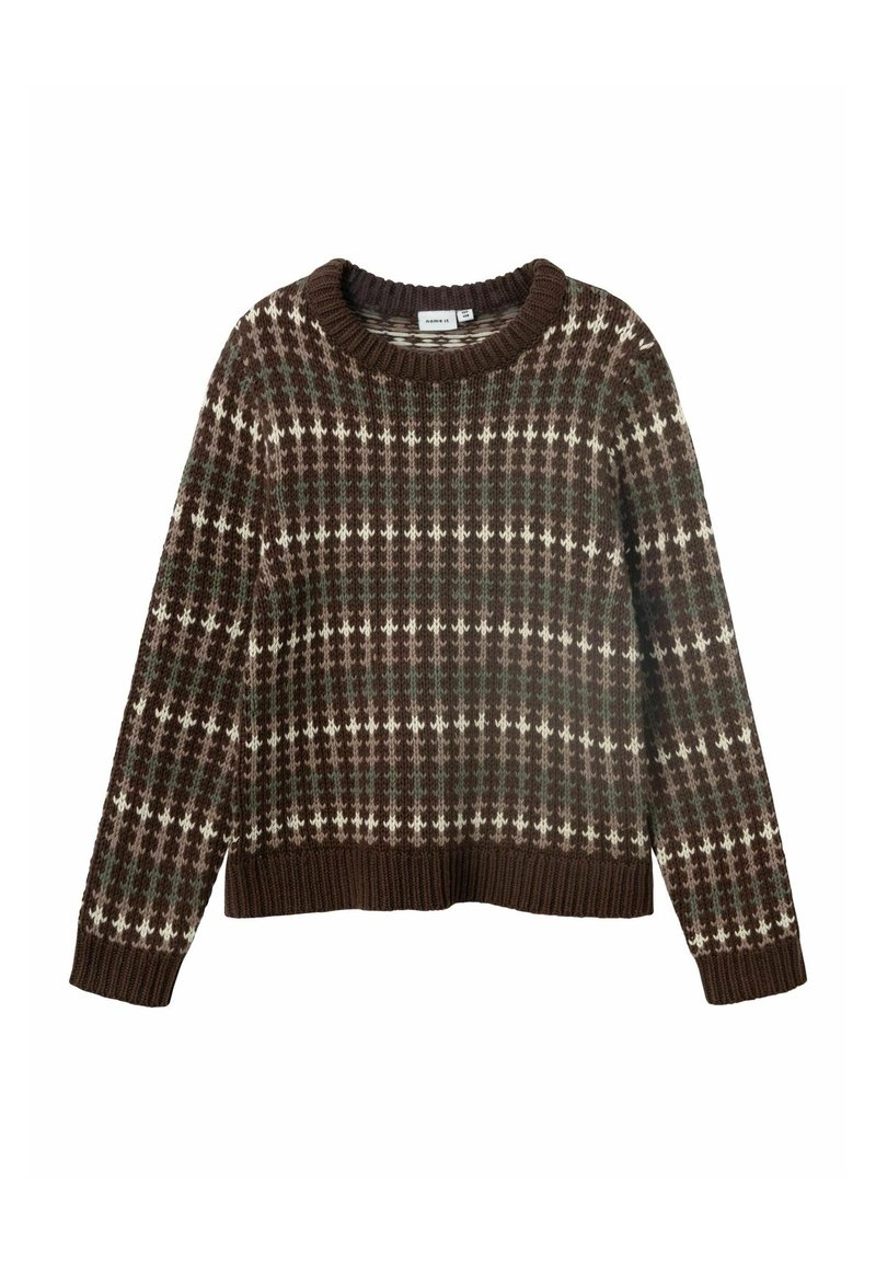 Pull marron tricoté avec un motif texturé en vert et crème, doté d'un col rond et de poignets et ourlet côtelés.