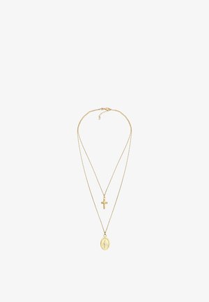 Colier stratificat cu tonuri de aur, format din două lănțișoare; unul cu un pandantiv în formă de cruce și celălalt cu un medalion oval, ambele detaliate.