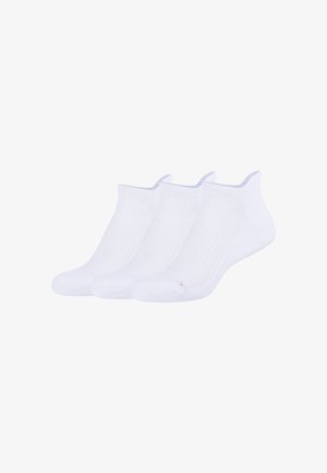 Trois paires de chaussettes blanches de longueur cheville en matériau respirant, avec un design texturé et des bords doux et extensibles.