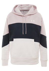 Sudadera con capucha hecha de tela suave, con un diseño en bloques de color en rosa, azul marino y blanco, con un bolsillo frontal y capucha ajustable.