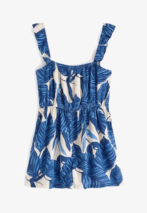 Blau-weißes ärmelloses Kleid mit Blattdruck, gerafftem Oberteil und Rüschen-Trägern; aus leichtem Stoff mit fließendem Design.