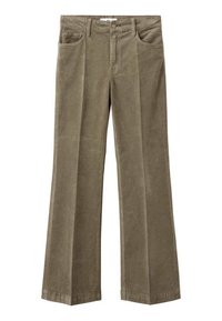 Pantaloni a gamba larga in velluto a coste verde oliva con vita alta, caratterizzati da cinque tasche e un taglio dritto. Tessuto strutturato con coste visibili.