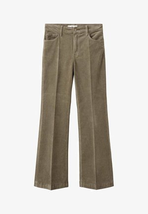 Olive green corduroy wide-leg pants with a high waist, featuring five pockets and a straight-cut design. Textured fabric with visible ribbing.