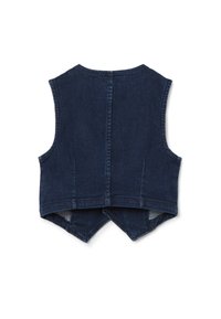 Dunkelblaue Jeans-Weste ohne Ärmel mit hohem Ausschnitt, geschwungenem Saum und seitlichen Taschen; zeichnet sich durch eine glatte Textur und minimale Nähdetails aus.