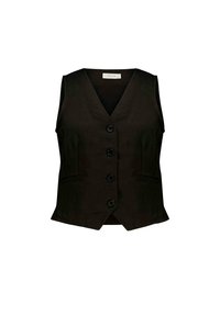 Gilet noir avec un design à col en V, boutons sur le devant, deux poches et une coupe ajustée. Fabriqué en tissu lisse avec une finition mate.