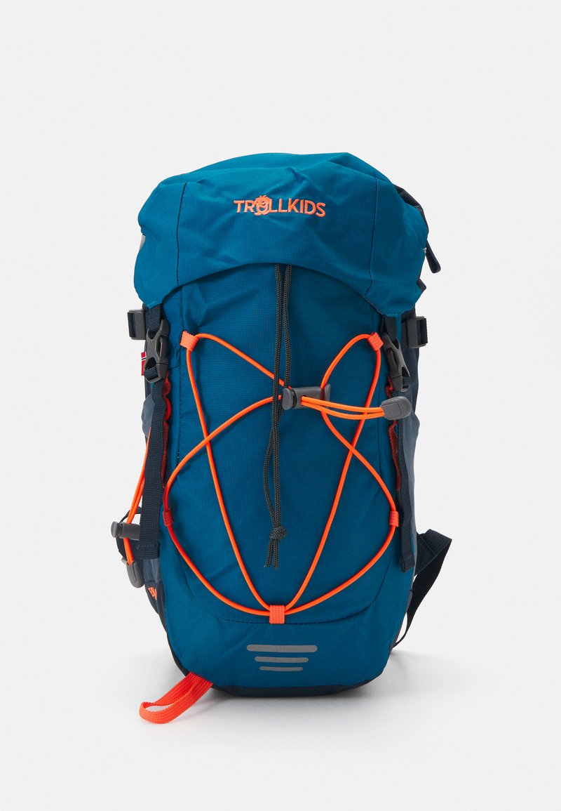 Blue backpack with orange accents and elastic bungee cord on front. Features adjustable straps and top zipper closure.