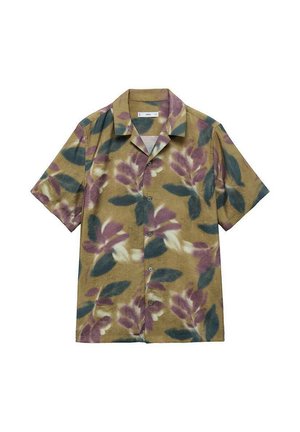 Košulja s kratkim rukavima u bež boji s cvjetnim uzorkom u ljubičastoj i zelenoj boji. Glatka tkanina s kragnom i pet dugmadi.