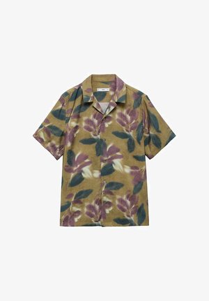 Košulja s kratkim rukavima u bež boji s cvjetnim uzorkom u ljubičastoj i zelenoj boji. Glatka tkanina s kragnom i pet dugmadi.