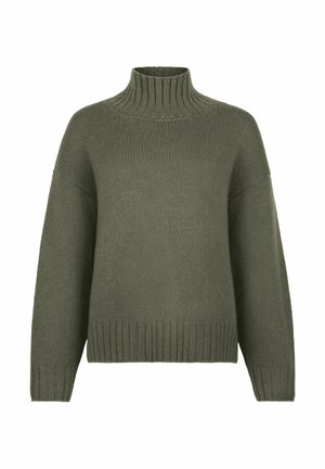 Olijfgroene gebreide coltrui met lange mouwen en ribgebreide manchetten en zoom, gepresenteerd op een witte achtergrond.