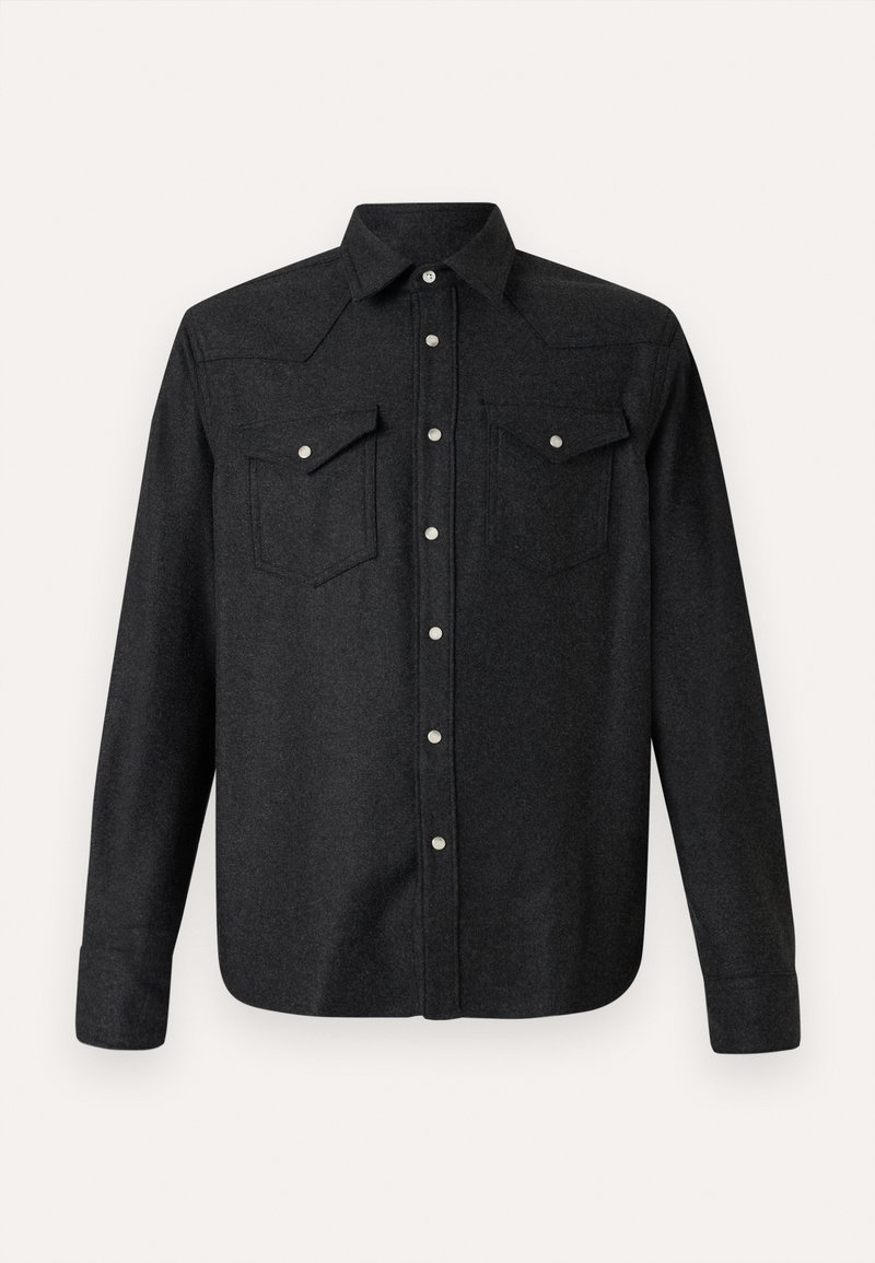 Black, long-sleeve shirt made of textured fabric features a pointed collar, two chest pockets, and metallic buttons along the front.