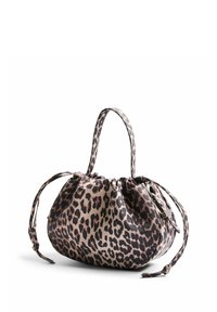 Torba z gepardjim vzorom, mehke teksture, okrogle oblike, nabrane zasnove, zgornjimi ročaji in detajli z vrvico.