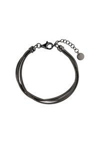 Braided black bracelet made of sleek cord, featuring a lobster clasp and adjustable chain with a small round charm.
