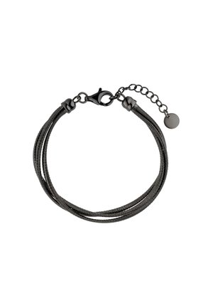 Geflochtener schwarzer Armband aus schlankem Band, mit einem Karabinerverschluss und einer verstellbaren Kette, die einen kleinen runden Anhänger beinhaltet.