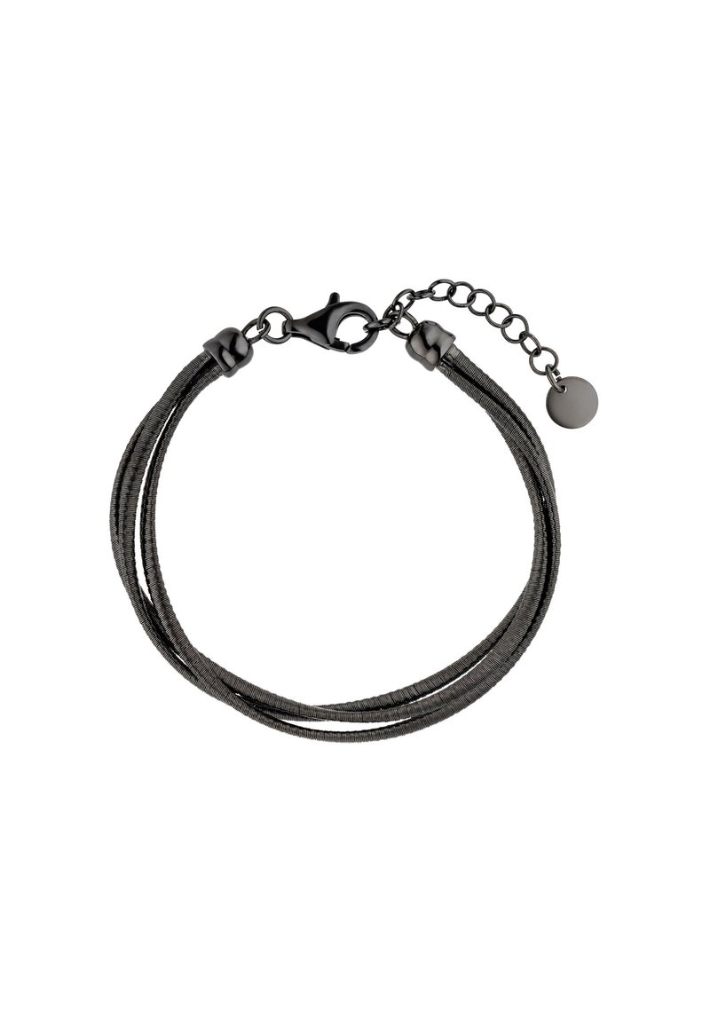 Braided black bracelet made of sleek cord, featuring a lobster clasp and adjustable chain with a small round charm.