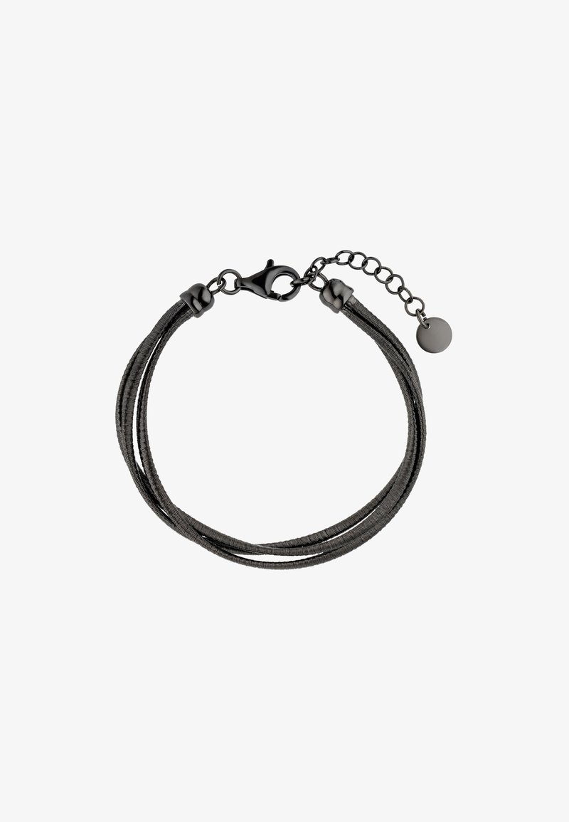 Braided black bracelet made of sleek cord, featuring a lobster clasp and adjustable chain with a small round charm.