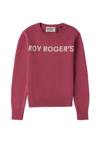 Różowy sweter z dzianiny z prążkowanymi mankietami i dołem. Na przodzie napis "ROY ROGER'S" w białym kolorze. Klasyczny dekolt, miękka tekstura.