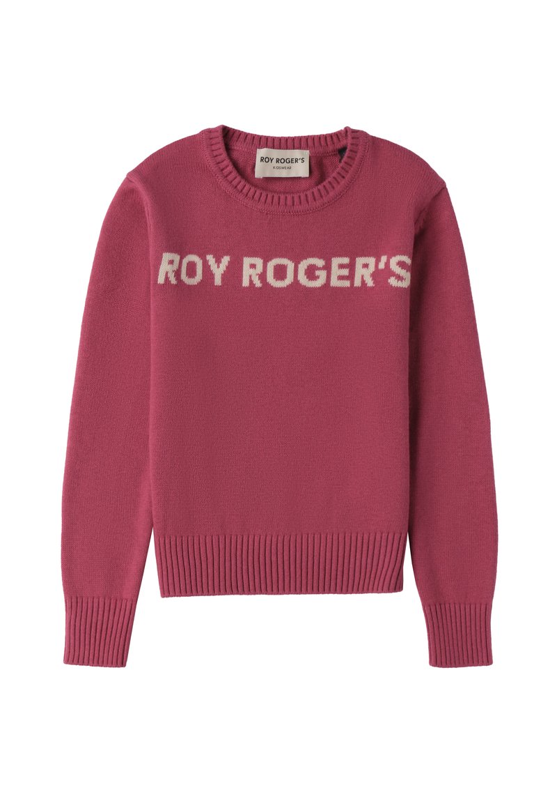 Różowy sweter z dzianiny z prążkowanymi mankietami i dołem. Na przodzie napis "ROY ROGER'S" w białym kolorze. Klasyczny dekolt, miękka tekstura.