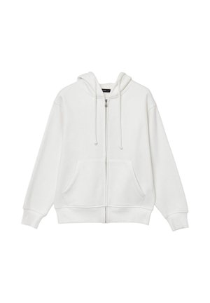 Weiße Zip-Hoodie mit vorderen Taschen, Kordelzügen und gerippten Bündchen und Saum, vor einem weißen Hintergrund gezeigt.