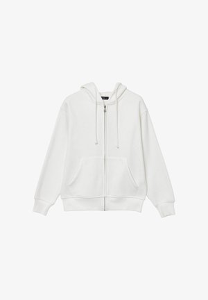 Weiße Zip-Hoodie mit vorderen Taschen, Kordelzügen und gerippten Bündchen und Saum, vor einem weißen Hintergrund gezeigt.