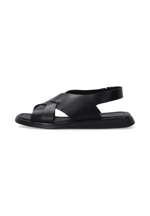 Sort lædersandal med krydsede remme over tæerne, åben hæl med slingback-rem og flad sål.