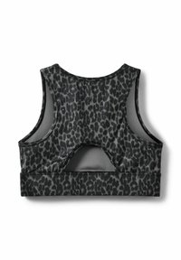 Sportbh med ett svart och grått leopardmönster, slät material, racerback-design och ett utskärningsdetalj på baksidan.