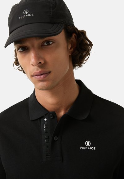 Black polo shirt with a buttoned collar and a textured vertical stripe. Features branding "FIRE+ICE" in white and an embroidered logo.