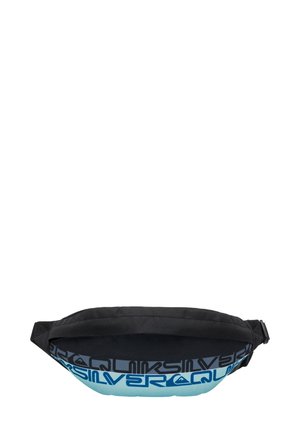 Zwarte en turquoise heuptas in een ronde vorm, met een opvallend logo in het blauw. Gemaakt van duurzame stof met een gladde textuur.