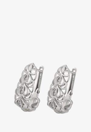 Silberne Metall-Hoops mit einem geschichteten Tropfenmuster und kleinen eingesetzten klaren Edelsteinen auf jedem Tropfen.