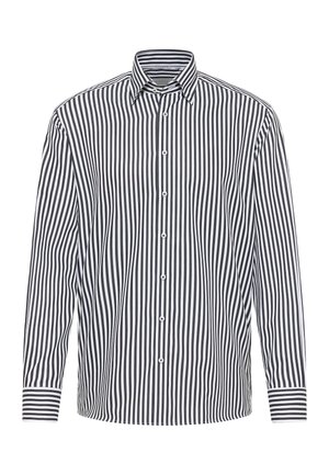 Sorte og hvide stribede langærmede skjorte med button-down krave, der har vertikale striber og kontrasterende horisontale manchetter.
