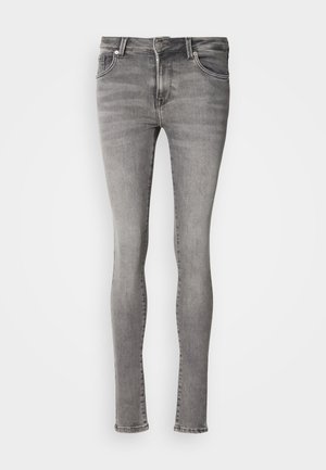 Szare obcisłe jeansy z wyblakłym wykończeniem, klasycznym pięciokieszeniowym krojem, metalowym guzikiem i zamkiem błyskawicznym oraz subtelnymi detalami przeszyć.