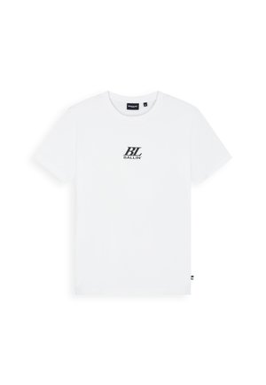Witte T-shirt met korte mouwen en ronde hals met zwart "BL BALLIN"-logo gecentreerd op de borst, weergegeven op een effen witte achtergrond.