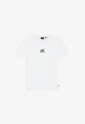 Witte T-shirt met korte mouwen en ronde hals met zwart "BL BALLIN"-logo gecentreerd op de borst, weergegeven op een effen witte achtergrond.