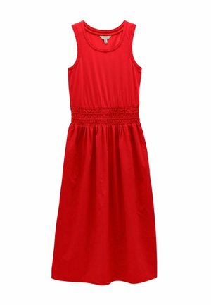 Ärmelloses rotes Midikleid mit gerafftem Taillenbund und abgerundetem Ausschnitt, aus leichtem Stoff gefertigt.