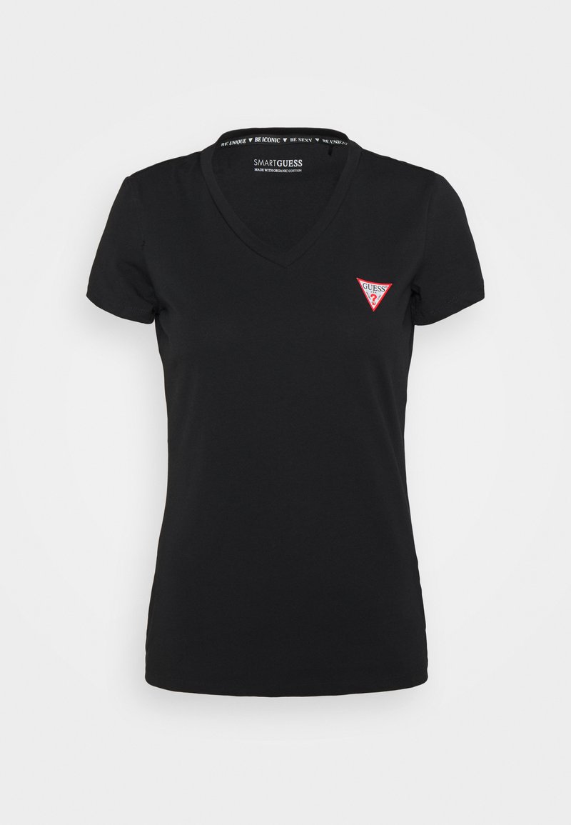 Must värvitud V-kaelusega t-särk, mis on valmistatud orgaanilisest puuvillast, väikese punase kolmnurkse logoga vasakul rinnal, lühikeste varrukatega ja keha jalgrattaga disainiga.