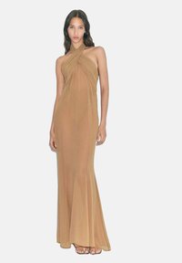 Brown halter-neck gown made of lightweight fabric, featuring gathered detailing at the bodice and a flowing, fitted skirt.
