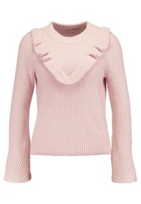 Pull tricoté rose clair à manches longues, col rond et bordure froncée en V sur la poitrine et les épaules.