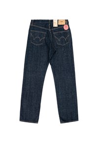 Donkerblauwe denim jeans met een rechte pijpdesign, voorzien van twee achterzakken met opvallende stiksels en een merketiket op de tailleband.