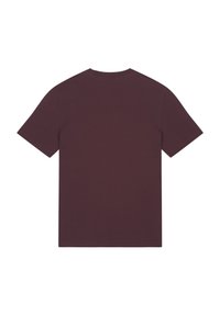 Burgunderfarbenes T-Shirt mit kurzen Ärmeln aus glattem Baumwollstoff. Rundhalsausschnitt-Design mit einem einfachen, schlichten Rücken, geeignet für legere Kleidung.