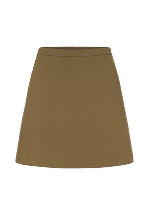 Brauner A-Linien-Minirock mit einfachem Bund, glattem Stoff und ohne sichtbare Verzierungen oder Taschen.