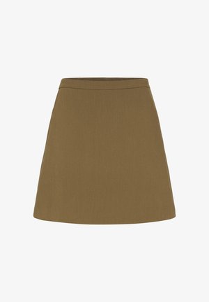Mini falda marrón en corte evasé con una cinturilla sencilla, tela lisa y sin adornos ni bolsillos visibles.