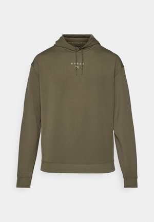 Olivovo zelená mikina s kapucňou na šnúrky, dlhými rukávmi a voľným strihom. Obsahuje bielu logo na hrudi a pohodlné manžety.