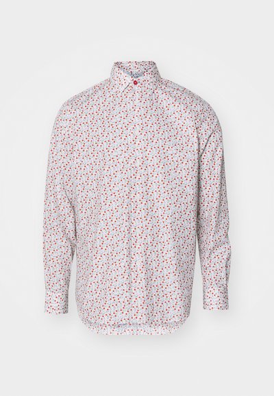 Long-sleeve shirt in white with a scattered floral pattern in red and green, featuring a button-down collar and single-button cuffs.