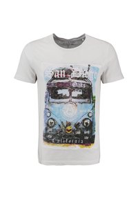 Camiseta blanca con un gráfico de estilo vintage de un autobús azul con el texto "San Diego", "Twin Oaks" y "California".