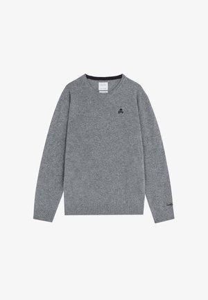 Grijze gebreide trui met een klein logo, gelaagd over een wit shirt; beige broek met zijstrepen; witte sneakers. Eenvoudig en hedendaags ontwerp.